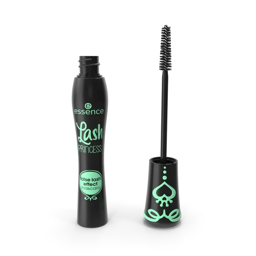 Essence Mascara Lash Princess black tube with spoolie brush showing volumizing and lengthening mascara formula