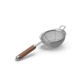 Stainless steel fine mesh kitchen sieve held over a bowl on a wooden kitchen counter