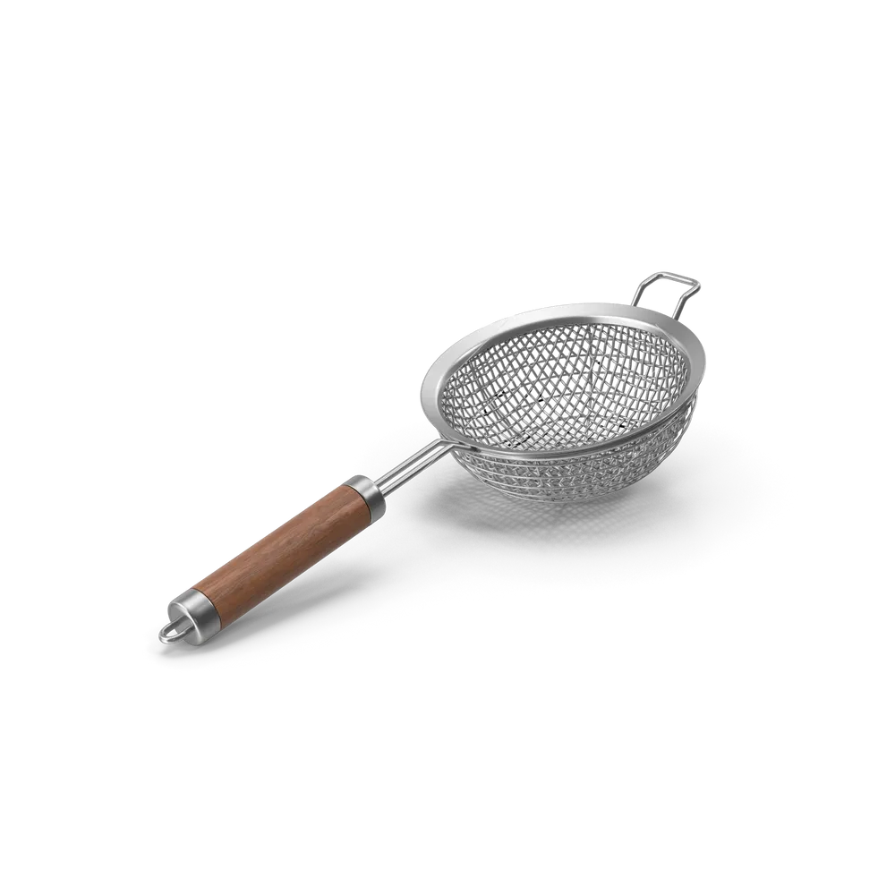 Stainless steel fine mesh kitchen sieve held over a bowl on a wooden kitchen counter