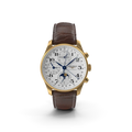 Brown genuine leather belt watch with minimalist dial on a wooden surface