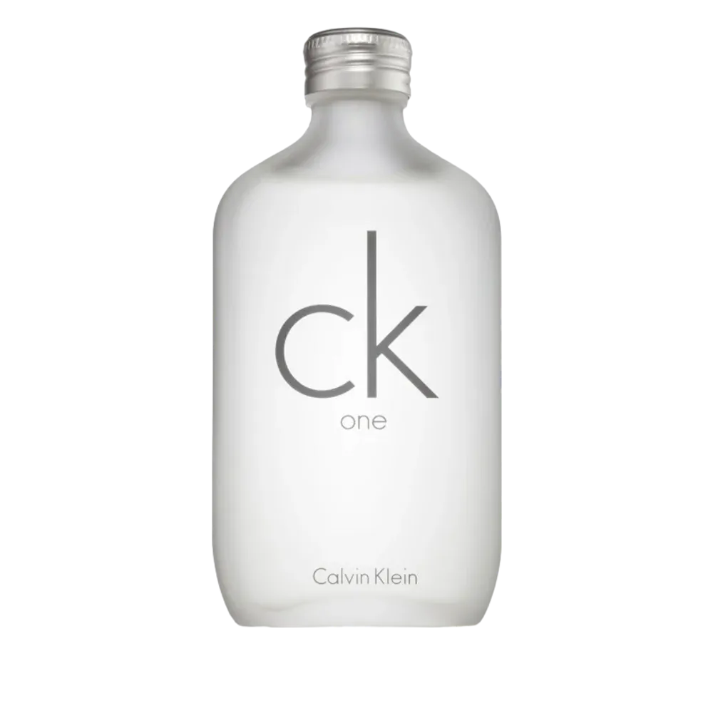 Calvin Klein CK One unisex fragrance bottle with minimalist transparent design on a clean white background