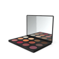Open eyeshadow palette with multiple shade compartments and built-in mirror on a neutral background