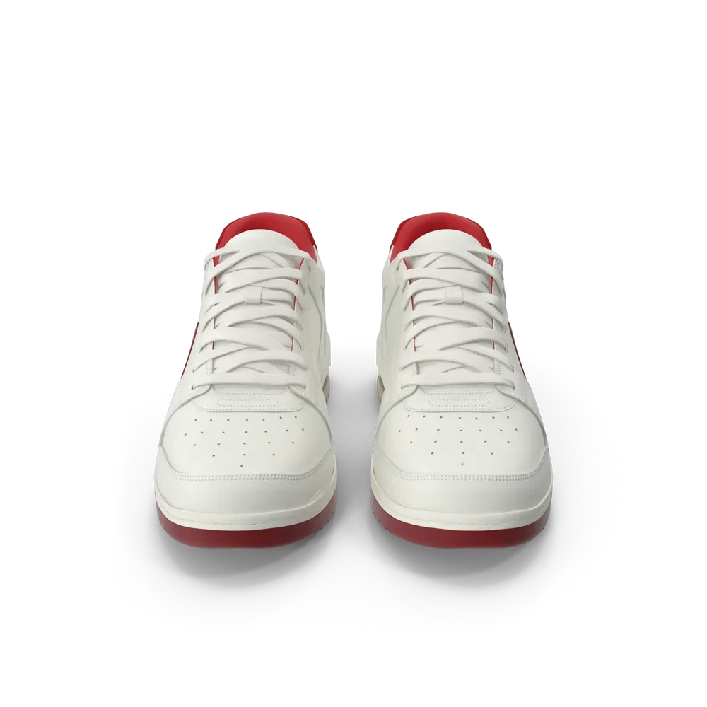 Sports sneakers in off white and red colorway displayed on a clean white background