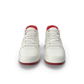 Sports sneakers in off white and red colorway displayed on a clean white background