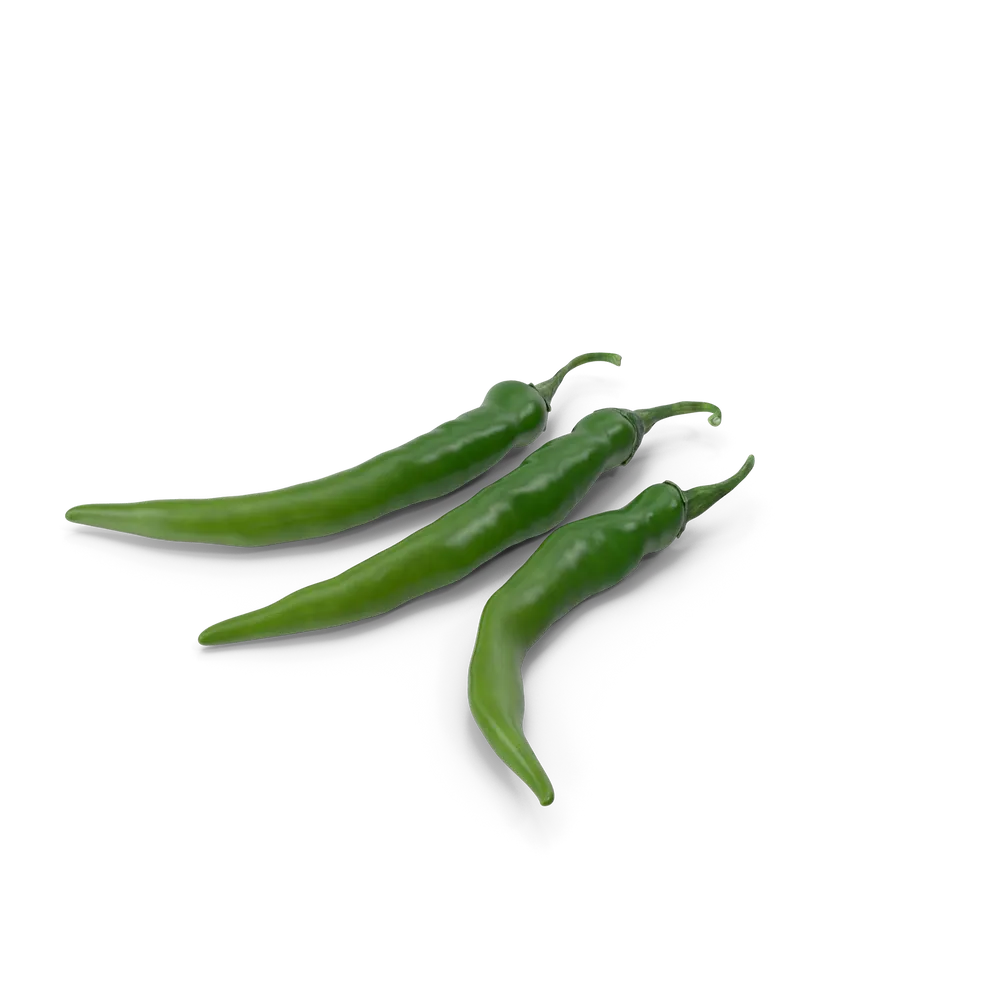 Fresh spicy green chili peppers on a white background, vibrant and ideal for cooking