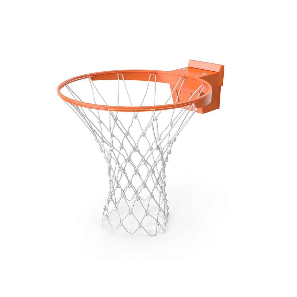 Heavy duty regulation basketball rim and net mounted on a white backboard outdoors