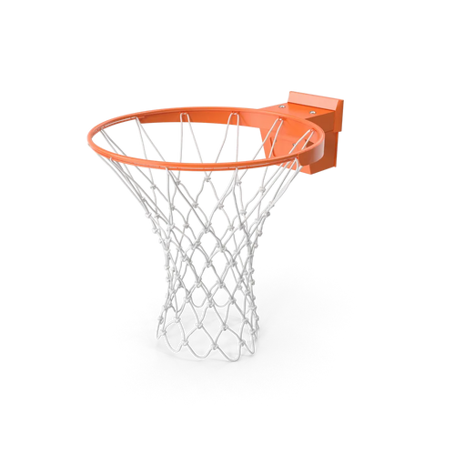 Heavy duty regulation basketball rim and net mounted on a white backboard outdoors