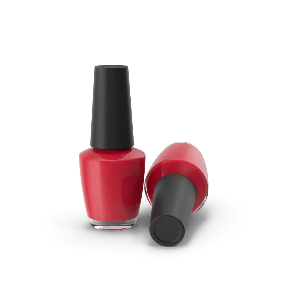 Glossy red nail polish bottle with vivid red swatch showing rich colour on nails