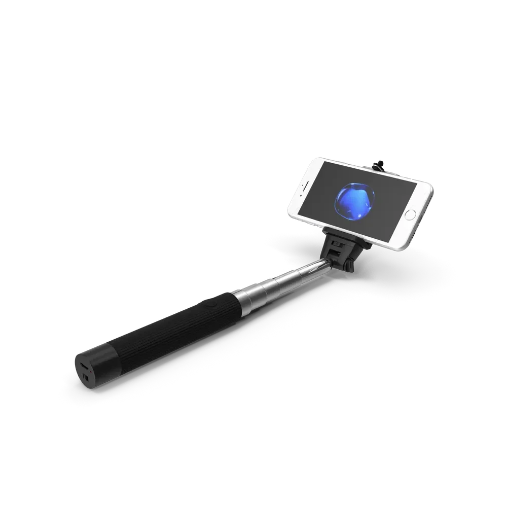 Extendable selfie stick monopod with smartphone holder on white background showing full length reach