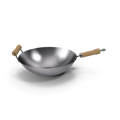 Seasoned carbon steel wok with wooden handle on a gas stovetop, ready for stir-frying vegetables