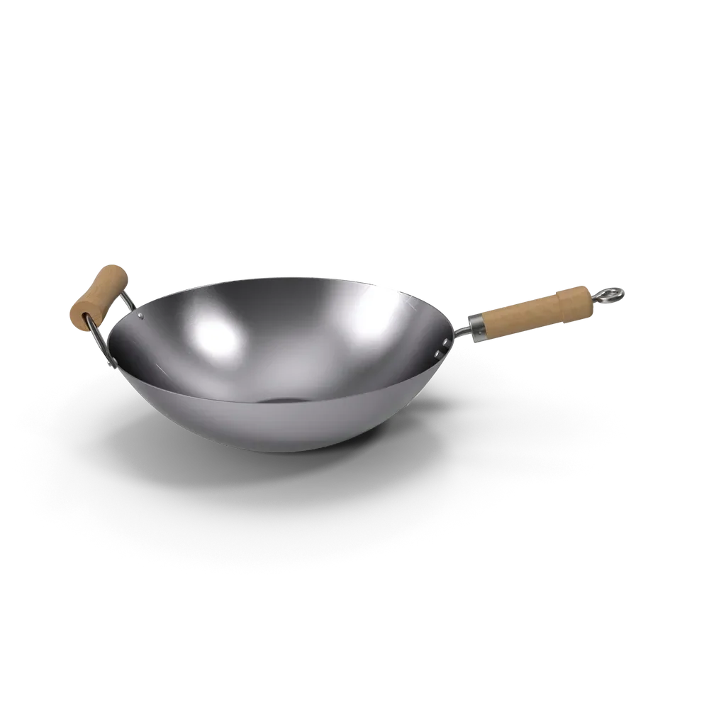 Seasoned carbon steel wok with wooden handle on a gas stovetop, ready for stir-frying vegetables