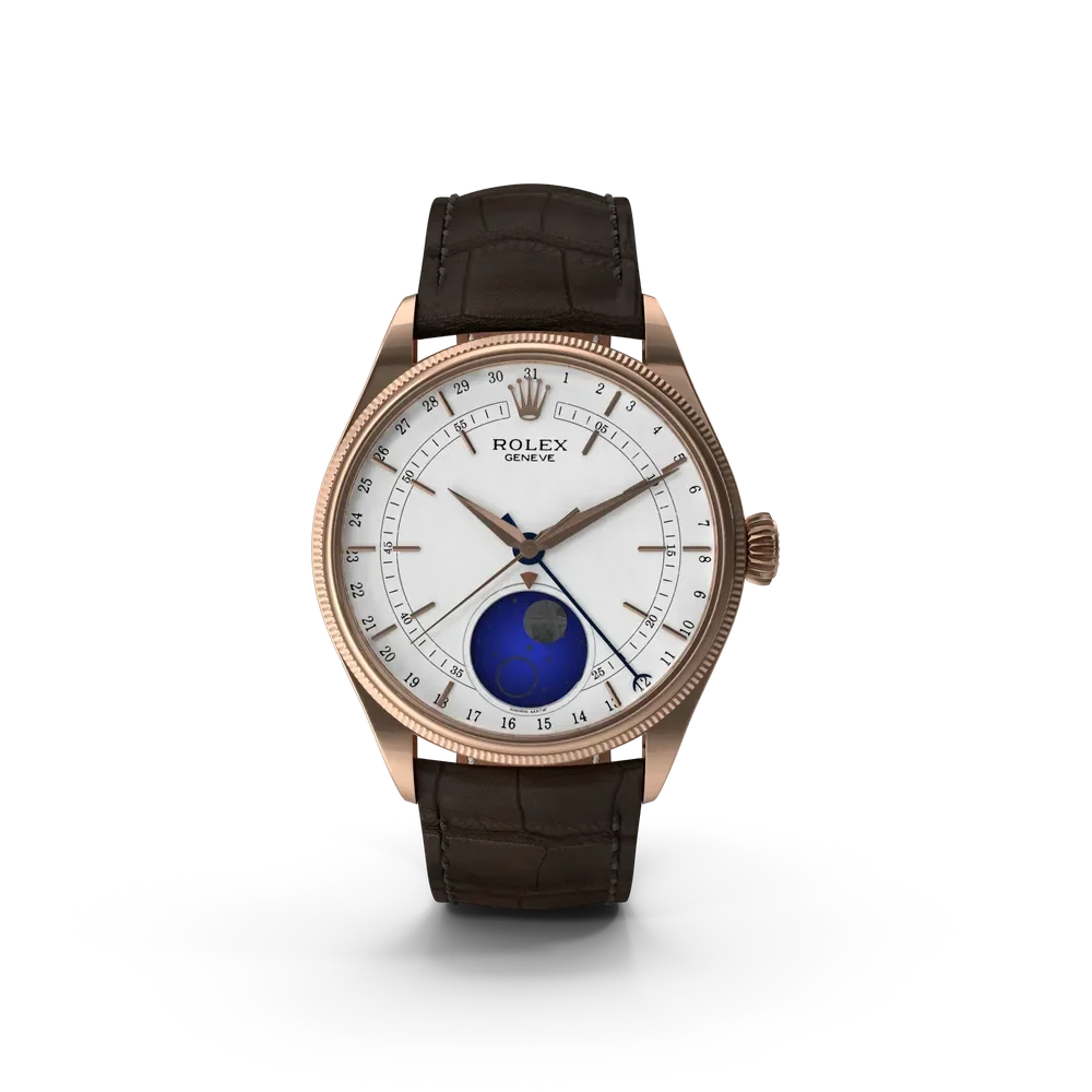 Rolex Cellini Moonphase in 18 ct white gold with lacquer dial and moon phase complication on a dark luxury background