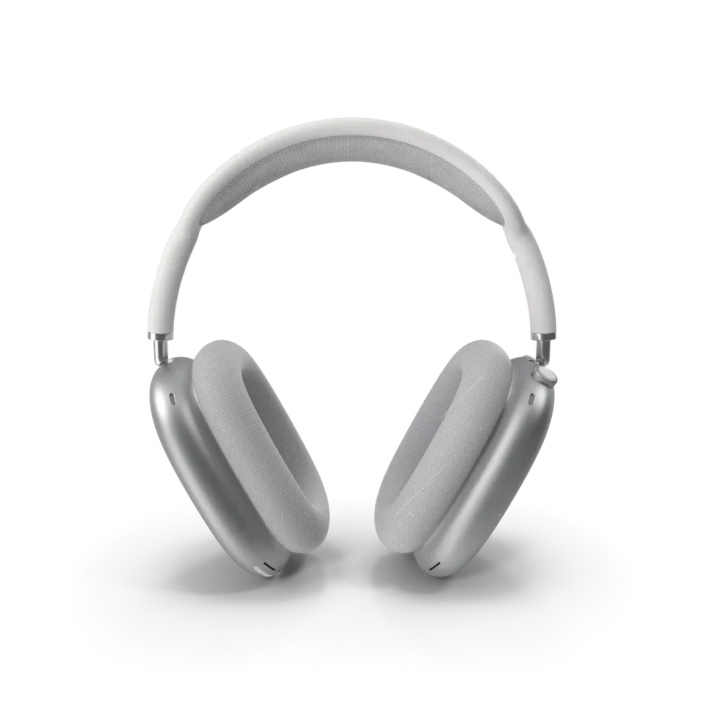 Apple AirPods Max Silver over-ear headphones with aluminum ear cups and mesh headband on white background