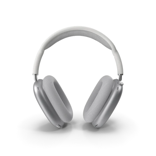 Apple AirPods Max Silver over-ear headphones with aluminum ear cups and mesh headband on white background