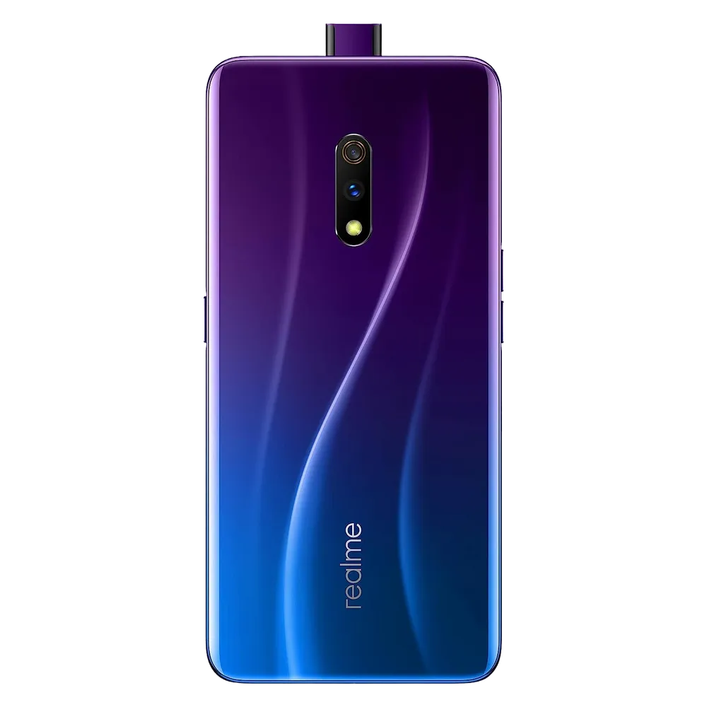 Realme X smartphone front and back view showing full-screen AMOLED display and gradient finish