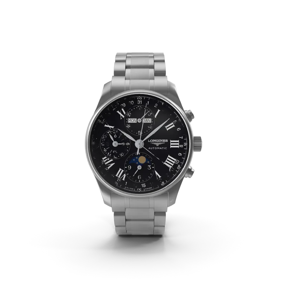 Longines Master Collection silver dial watch with moon phase complication on leather strap