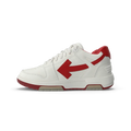 Sports sneakers in off white and red colorway on a clean white background showing full shoe profile