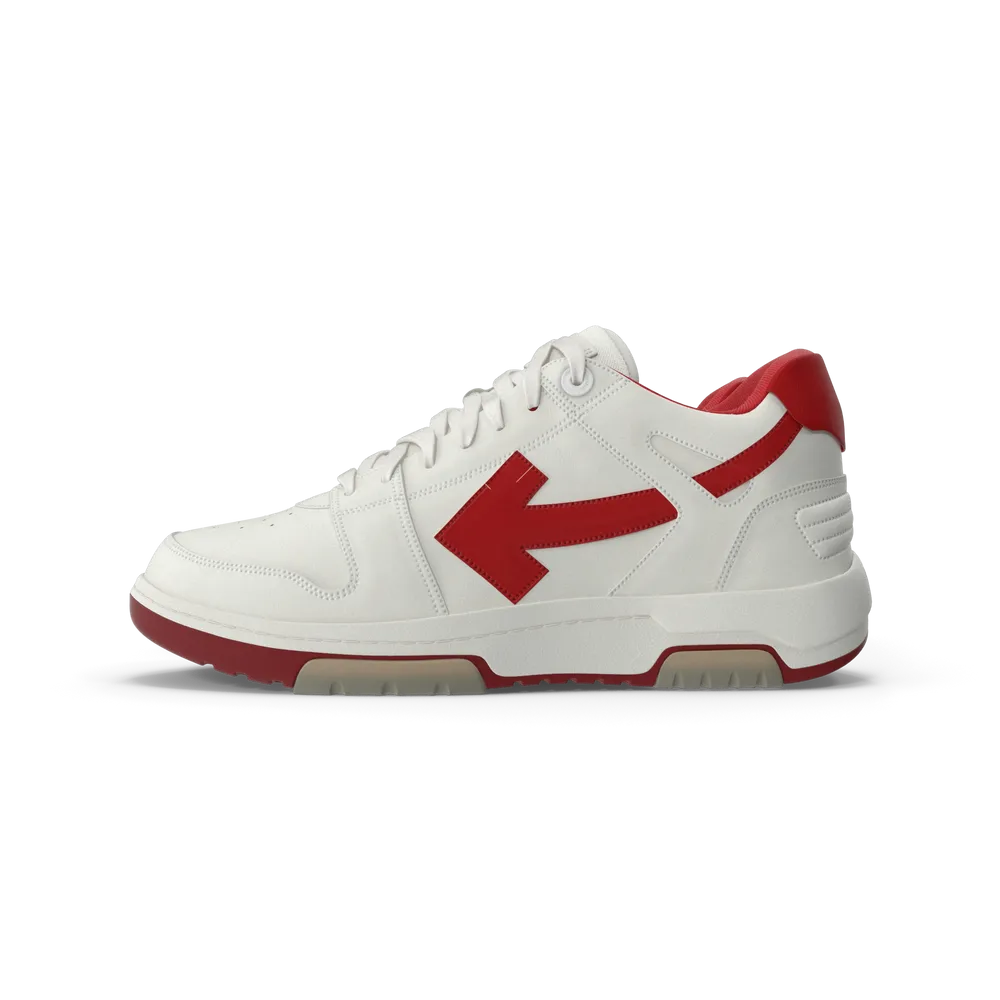 Sports sneakers in off white and red colorway on a clean white background showing full shoe profile