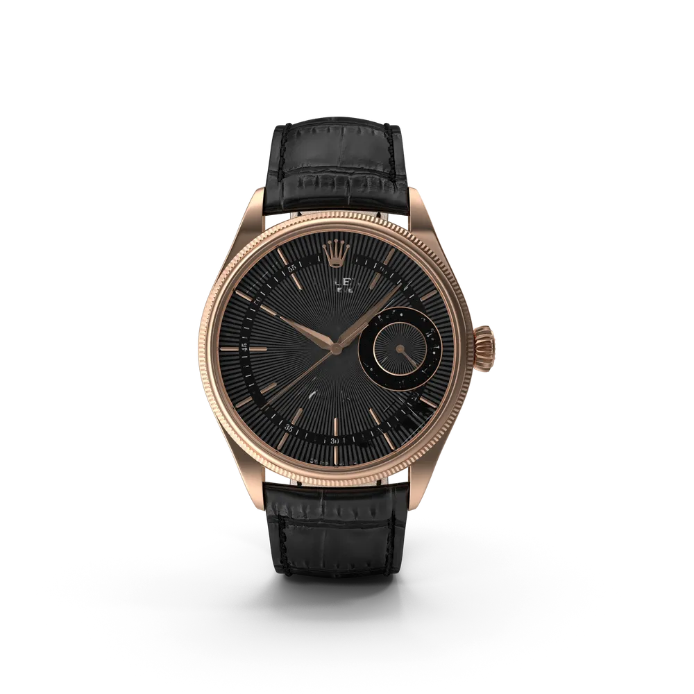 Rolex Cellini Date watch with black dial and 18ct gold case on white background