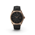 Rolex Cellini Date watch with black dial and 18ct gold case on white background