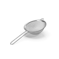 Stainless steel fine mesh strainer with long handle resting over a bowl on a kitchen counter