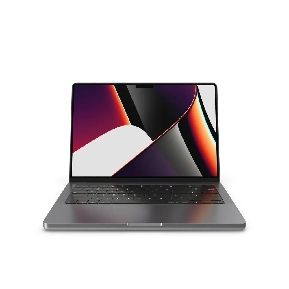 Apple MacBook Pro 14 inch Space Grey laptop open showing Liquid Retina XDR display on white background