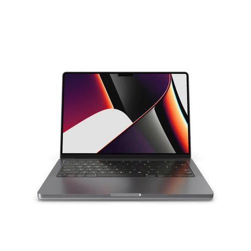 Apple MacBook Pro 14 inch Space Grey laptop open showing Liquid Retina XDR display on white background