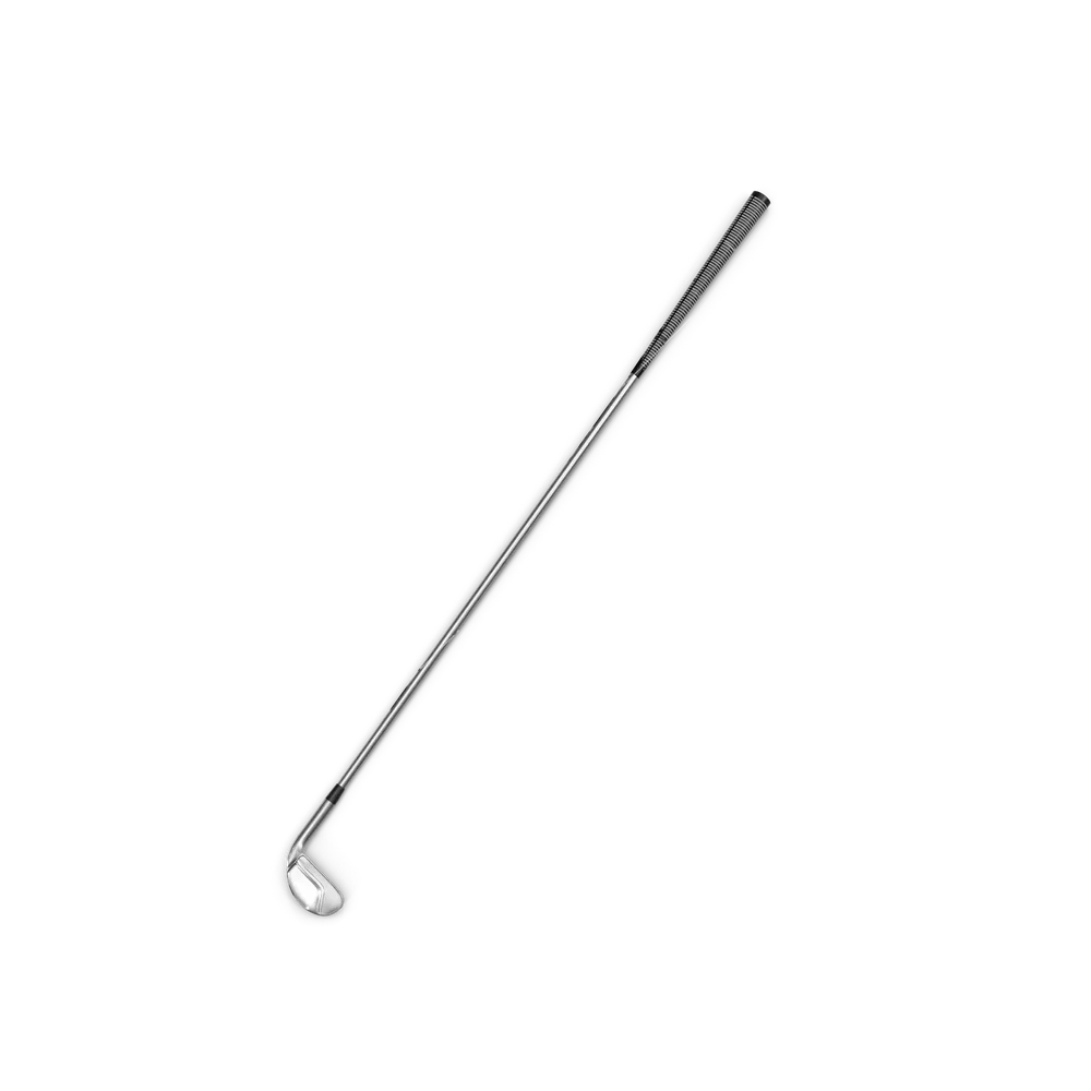 Iron Golf club with solid metal head design displayed upright on a golf course fairway