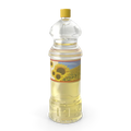 Clear bottle of versatile cooking oil on a kitchen counter next to a frying pan