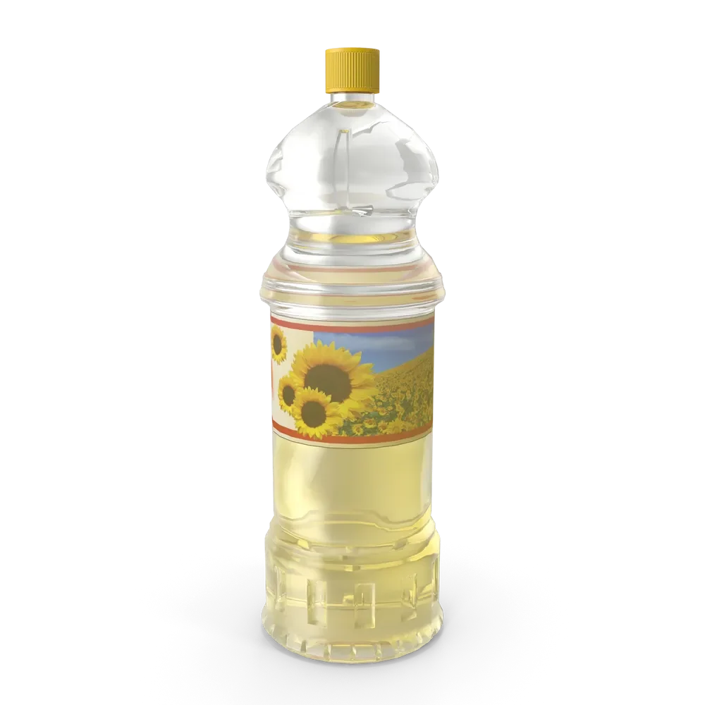 Clear bottle of versatile cooking oil on a kitchen counter next to a frying pan