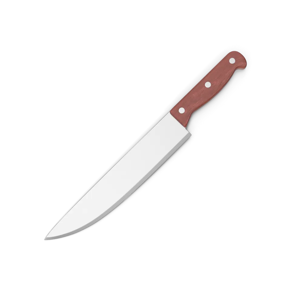 Sharp stainless steel kitchen knife with ergonomic handle on a wooden cutting board