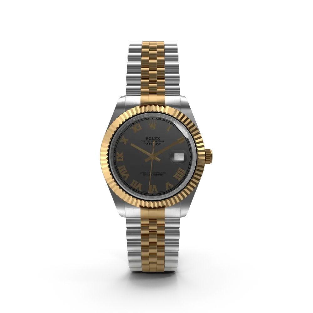 Rolex Datejust stainless steel watch with white dial and Jubilee bracelet on a neutral background