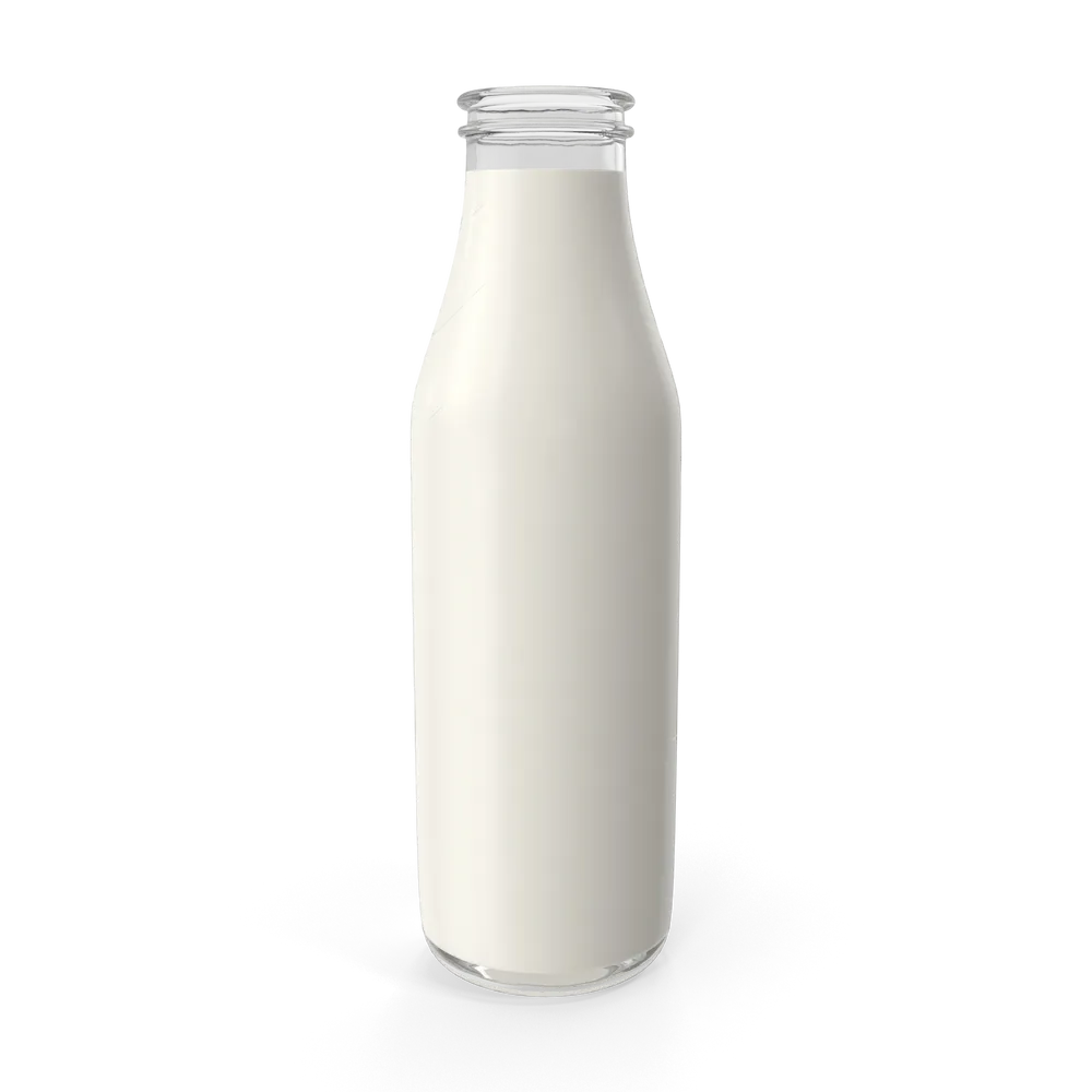 Fresh cold milk in a clear glass bottle on a clean white kitchen surface
