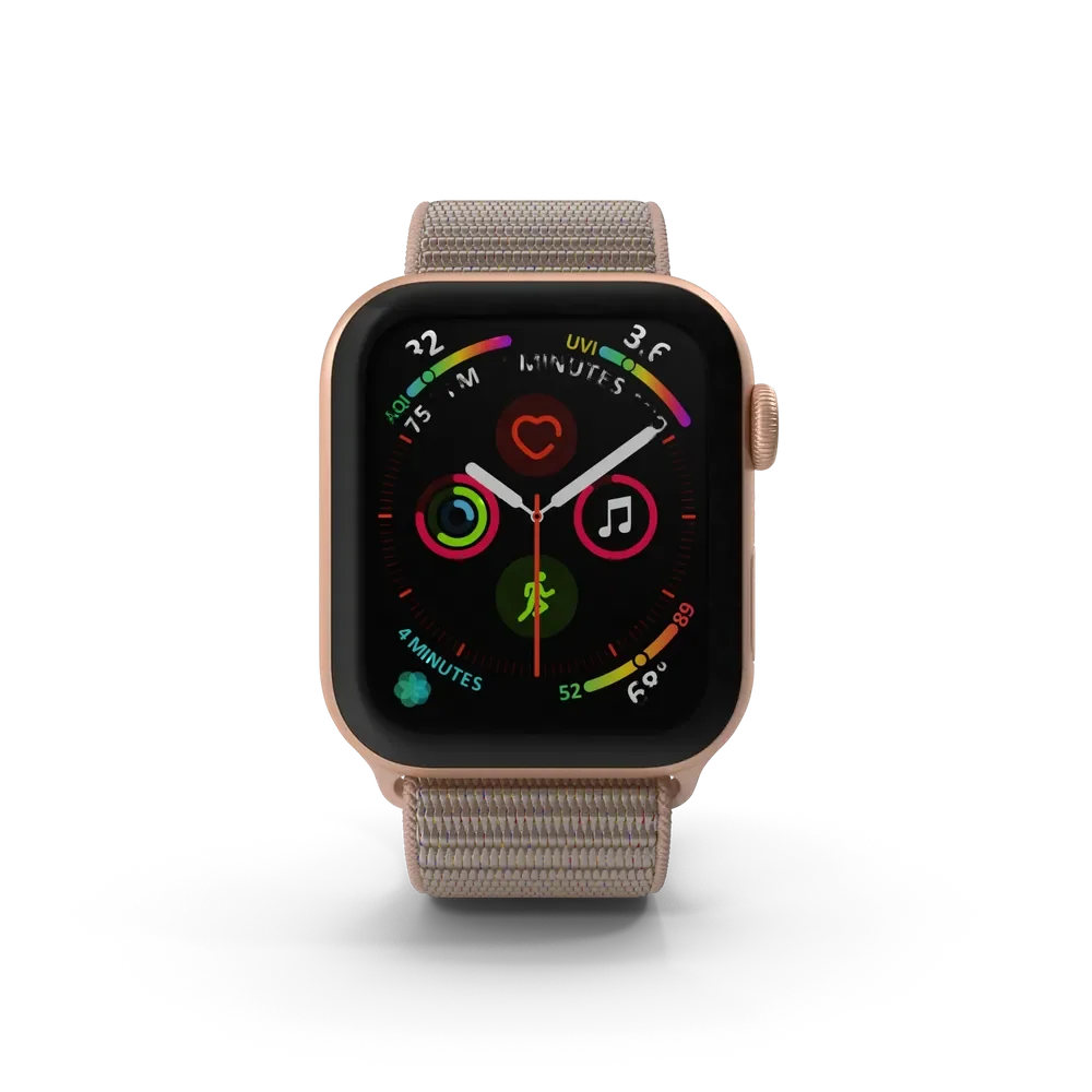 Apple Watch Series 4 in gold aluminum case with matching sport band displayed against a clean white background