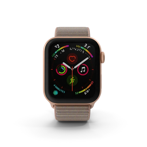 Apple Watch Series 4 in gold aluminum case with matching sport band displayed against a clean white background