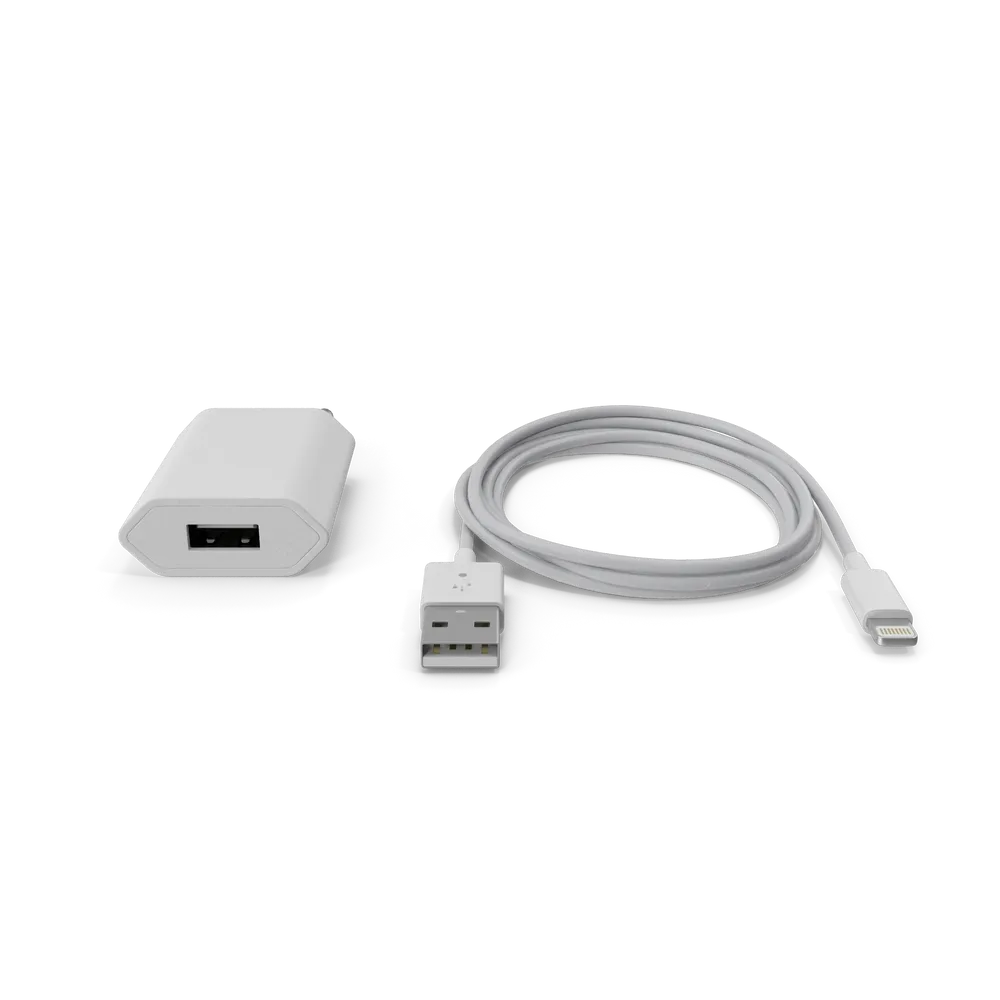 Apple iPhone charger with USB cable on a clean white surface ready for charging