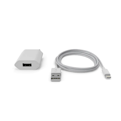 Apple iPhone charger with USB cable on a clean white surface ready for charging