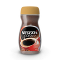 Nescafe instant coffee jar with rich dark coffee blend on a warm kitchen countertop