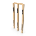 Regulation cricket wicket set with three wooden stumps and two bails standing upright on a grass cricket pitch