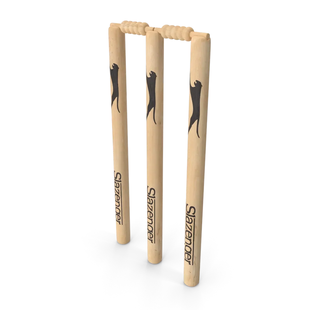 Regulation cricket wicket set with three wooden stumps and two bails standing upright on a grass cricket pitch