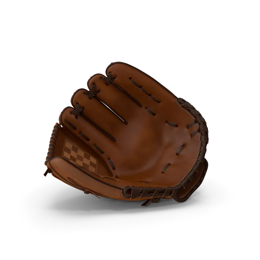 Brown leather baseball glove with deep pocket and contoured wrist strap on a white background