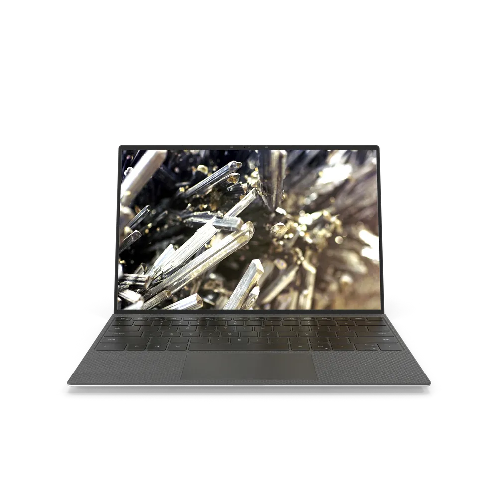 Dell XPS 13 9300 laptop open showing borderless InfinityEdge display on a white desk