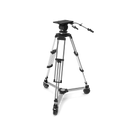 Professional TV studio camera pedestal with rolling base and height adjustment column on a broadcast studio floor