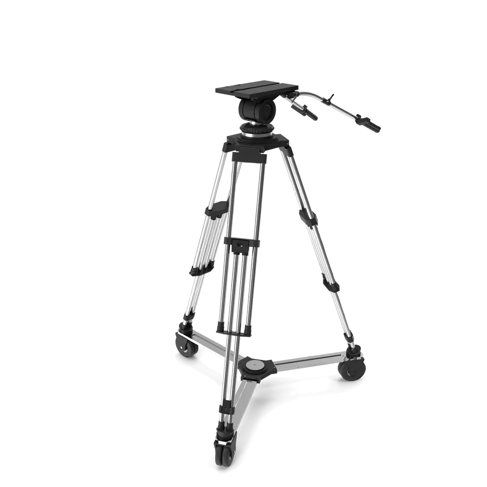 Professional TV studio camera pedestal with rolling base and height adjustment column on a broadcast studio floor