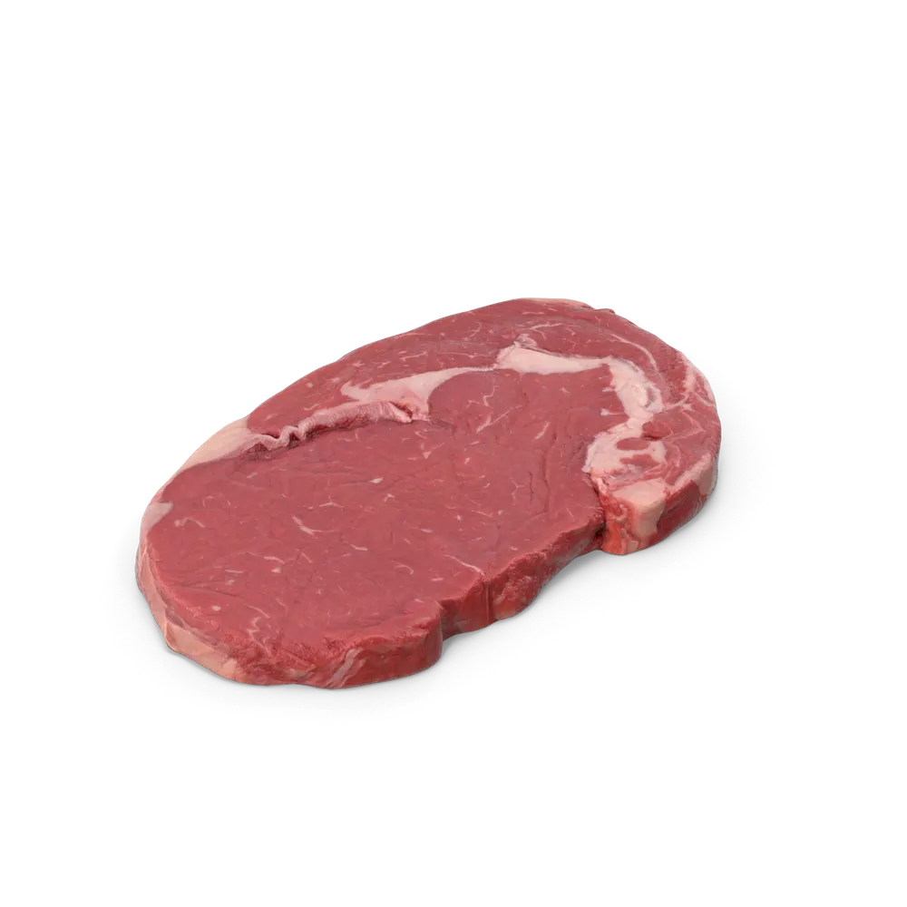 Close-up of a thick, juicy high-quality beef steak on a wooden cutting board ready for grilling