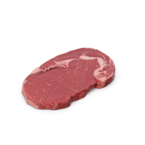 Close-up of a thick, juicy high-quality beef steak on a wooden cutting board ready for grilling