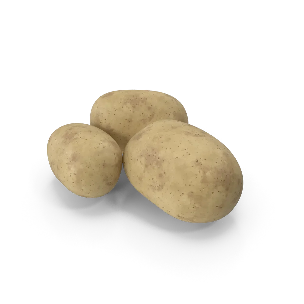 Fresh whole potatoes with earthy skin piled together on a rustic wooden surface