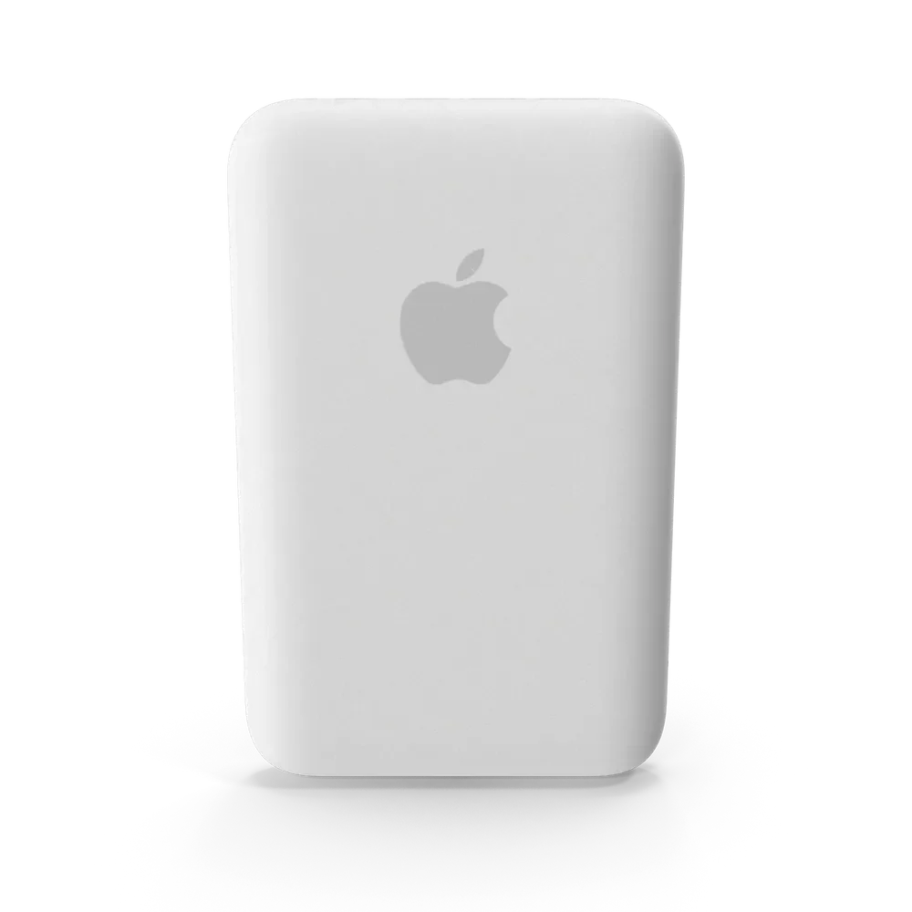 Apple MagSafe Battery Pack magnetically attached to the back of a white iPhone on a clean white background