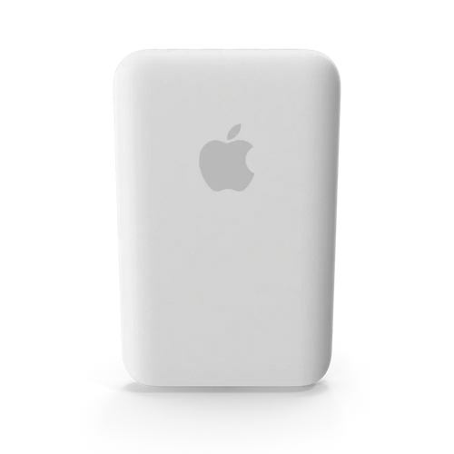 Apple MagSafe Battery Pack magnetically attached to the back of a white iPhone on a clean white background