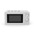 White compact microwave oven sitting on a kitchen countertop with control panel visible